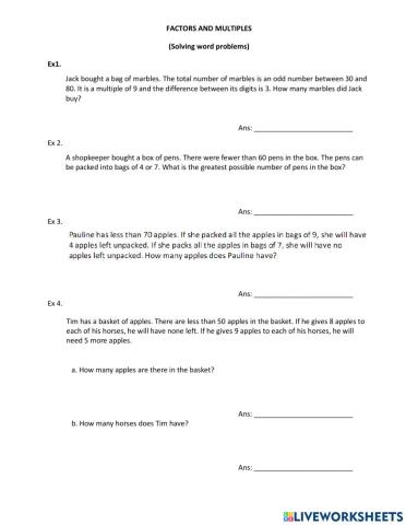 Factors and Multiples (solving word problems)