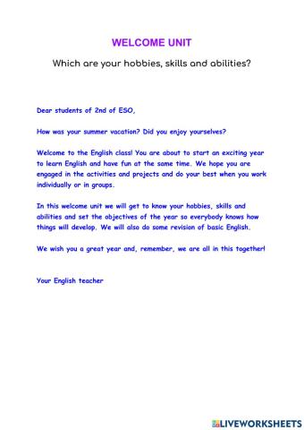 Welcome Unit: Letter and Classroom Rules