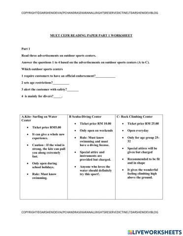 Muet cefr reading paper part 1 worksheet