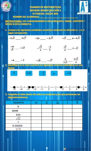 Examen de Matemáticas 9no. III Parcial 2