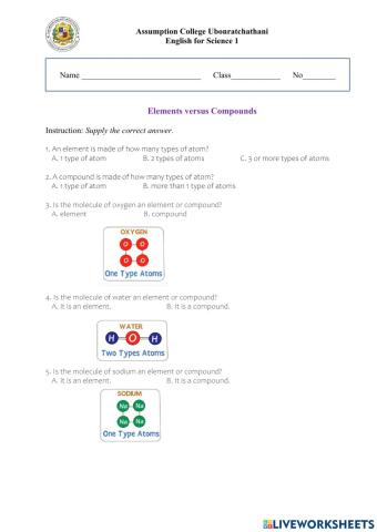 Elements versus Compounds worksheet