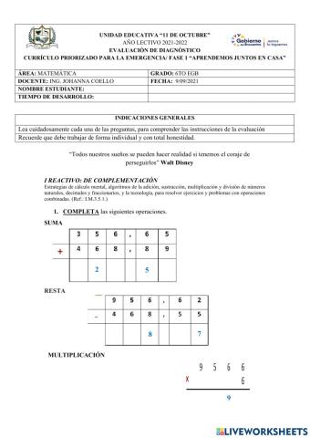 Evaluacion de Diagnostico Matematica