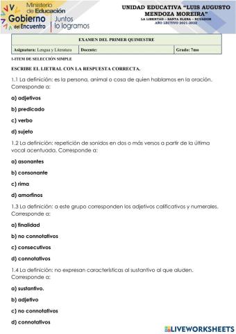 Examen quimestre 1 septimo