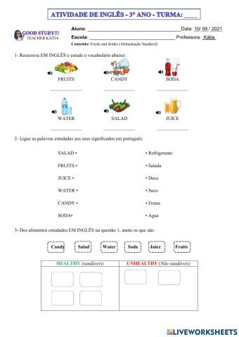3° ano - INGLÊS -FOODS AND DRINKS- 10-09-21