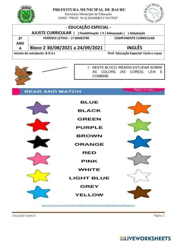 Inglês: As Cores - Educação Física: Yoga - Arte: Arte de Dançar