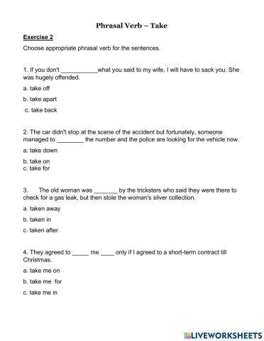 Phrasal Verb -Take (Exercise 2)