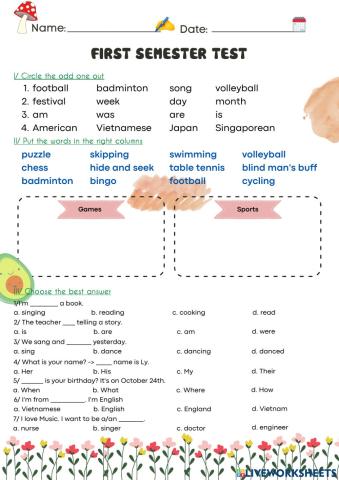 Grade 5 First semester test