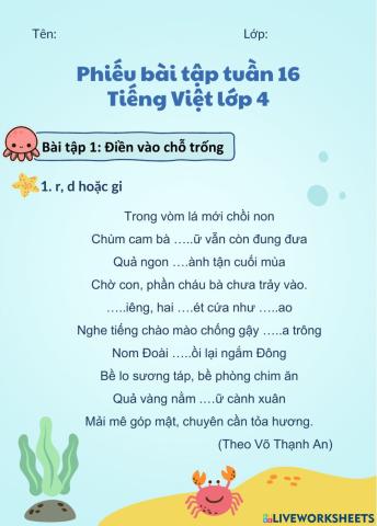 Phiếu bài tập tuần 16 Tiếng Việt lớp 4