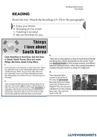 Reading matching the gaps A2- PRESENT SIMPLE