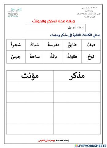 ورقة عمل المذكر والمؤنث