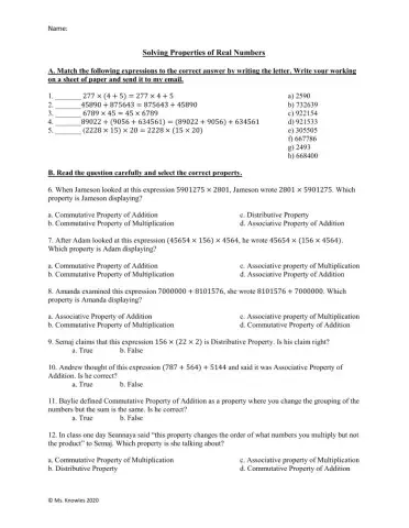 Solving Properties of Real Numbers