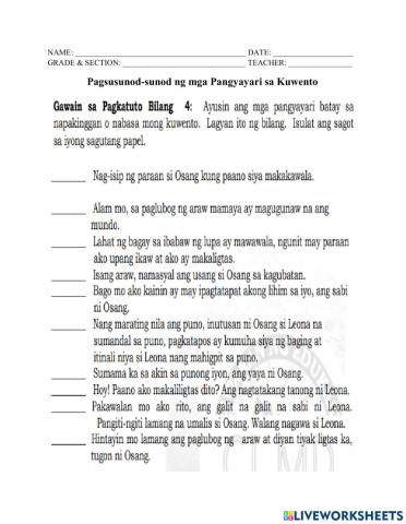 Pagsusunod-sunod ng mga Pangyayari sa Kuwento