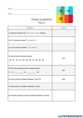 Prime Numbers Worksheet