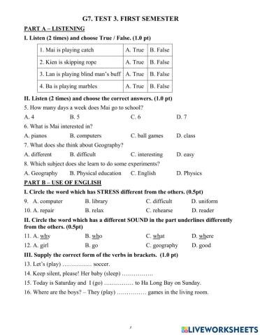 Grade 7 - final term 1 - test 3