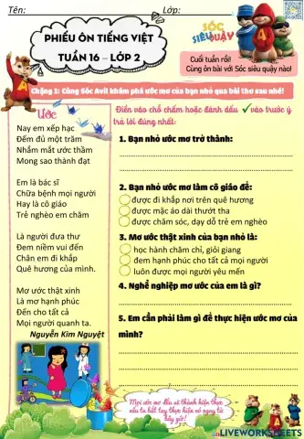 Phiếu bài tập Tiếng Việt cuối tuần 16