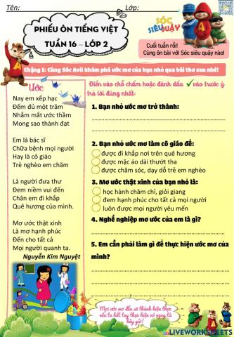 Phiếu bài tập Tiếng Việt cuối tuần 16