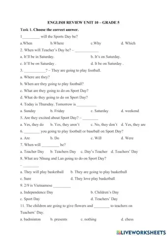 Grade 5 - Review Be going to