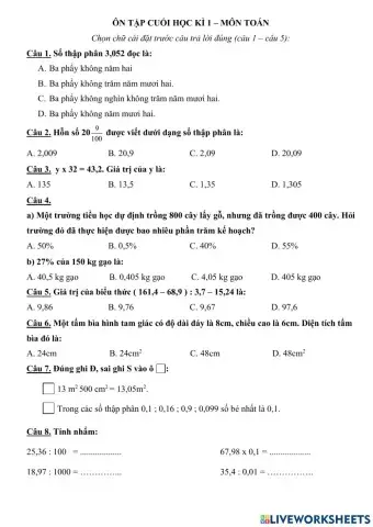 Ôn toán cuối HK1
