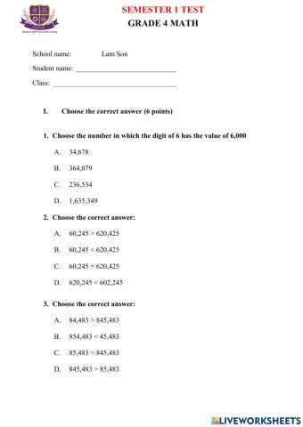 Grade 4- Semester test 1- Math