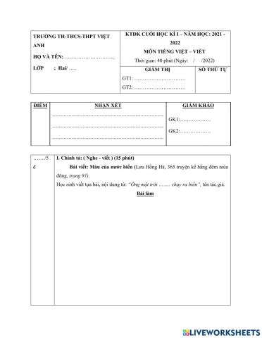 Ôn tập cuối HKI - TV lớp 2 - Viết