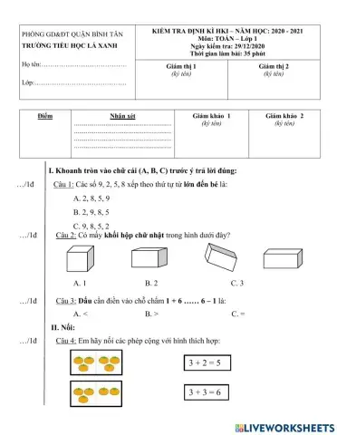 ĐỀ ÔN TẬP KIỂM TRA TOÁN CUỐI KÌ 1
