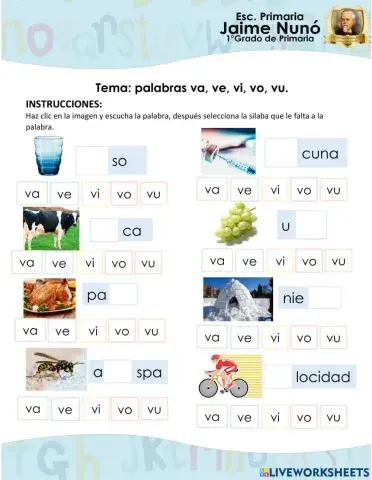 Selecciona la silaba que le falta a la palabra Letra Vv