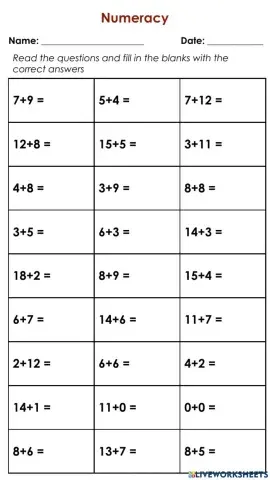 Addition and Subtraction (up to 20)