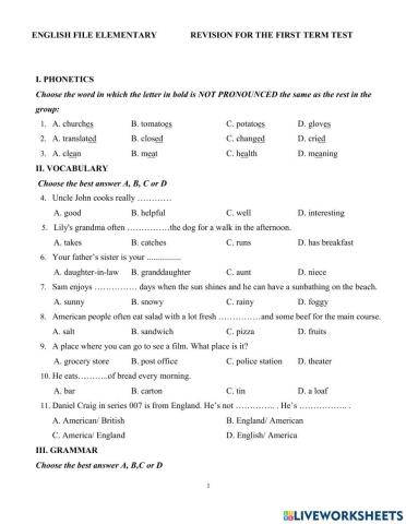 English file elementary 3rd edition-revision for the first term test