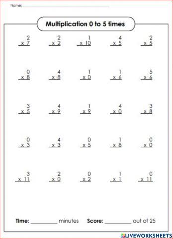 Multiplication 0 to 5 times review