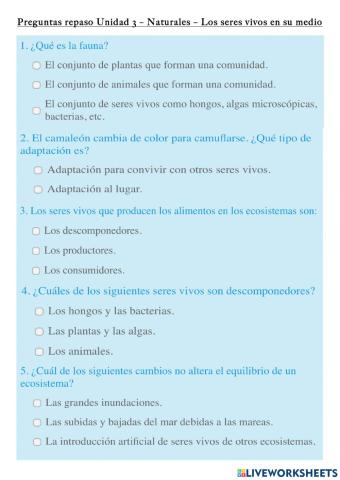 Preguntas repaso Unidad 3 – Naturales – Los seres vivos en su medio