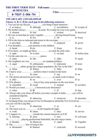 Tieng Anh Lop 8 - 1st Term Test 06