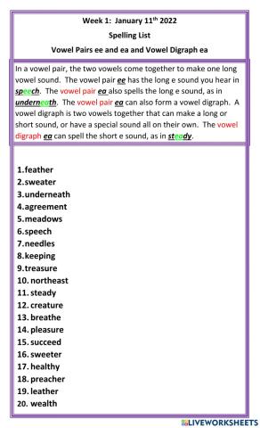Vowel Pairs ee and ea and Vowel Digraph ea