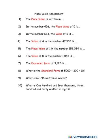 Place Value, Value, Expanded and Standard Form