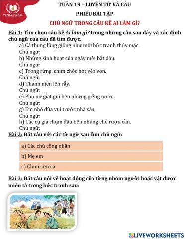 Tuần 19-LTVC-Chủ ngữ trong câu kể Ai làm gì?