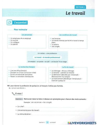 Exercice de vocab TRAVAIL