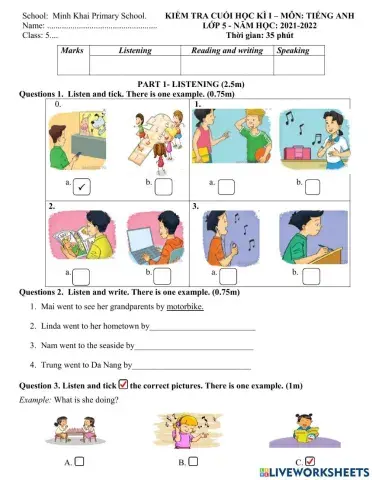 Đề kiểm tra môn tiếng Anh lớp 5 HK1