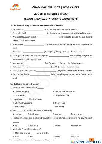 M8L5 - Reported Speech - Review Statements & Questions