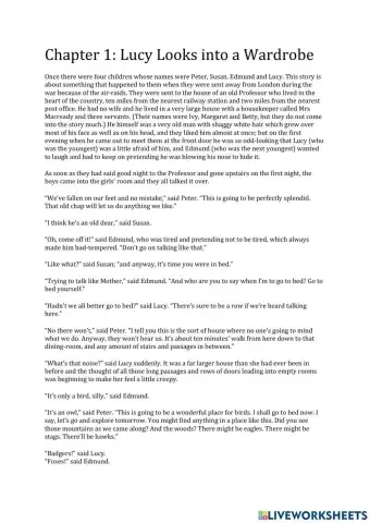 The Lion, The Witch, and the Wardrobe. Chapter 1 questions