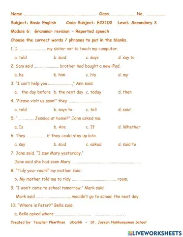 Basic English Secondary 3 : Formative 2 Accessment