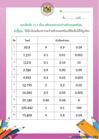 แบบฝึกหัดเรื่องหลักและค่าประจำหลักของทศนิยม