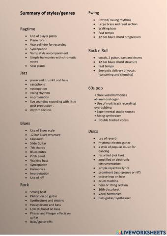 Nat 5 Music Tech styles summary