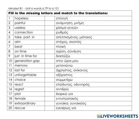 Mindset B1 - Unit 6 words 6.79 to 6.121