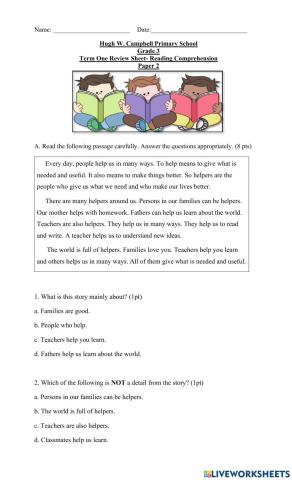 Reading Comprehension Review Sheet 2