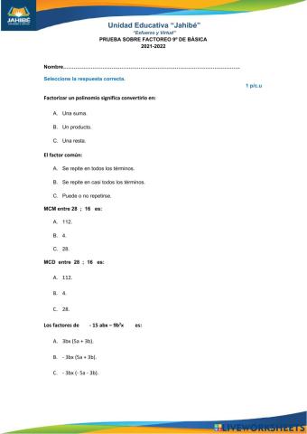 Prueba Factoreo 9° (prueba)