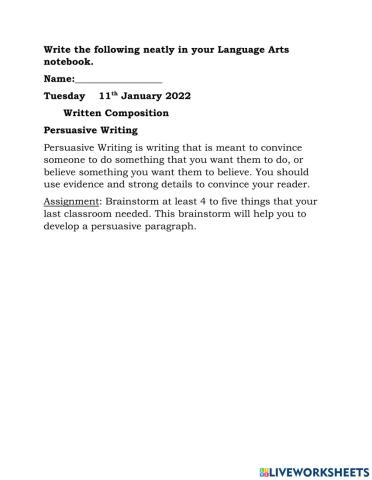 Persuasive Writing Notes and Assignment