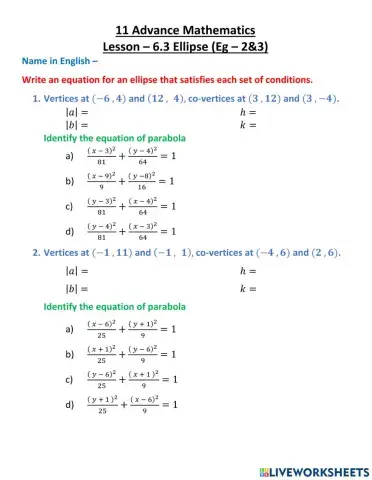 11 Advance Mathematics Lesson – 6.3 Ellipse (Eg – 2&3)