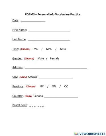 Form Basic Vocab Practice Ottawa ON address