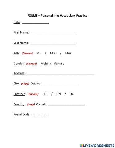 Form Basic Vocab Practice Ottawa ON address