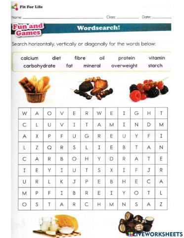 Word search Fit for life worksheet
