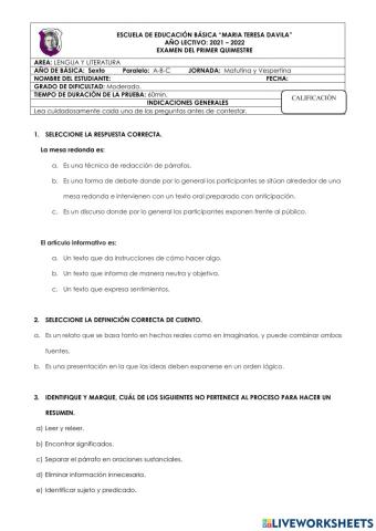 Lengua y literatura - 6° c - examen de primer quimestre